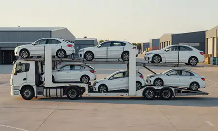 Car transporter parked in an industrial area of Gloucester, Gloucestershire, United Kingdom