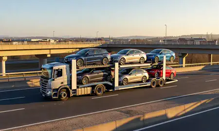 Car transporter with the Gloucester, Gloucestershire, United Kingdom skyline behind it