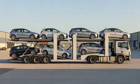 Car transporter parked in an industrial area of Greater Manchester, United Kingdom