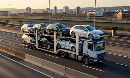 Car transporter with the Greater Manchester, United Kingdom skyline behind it