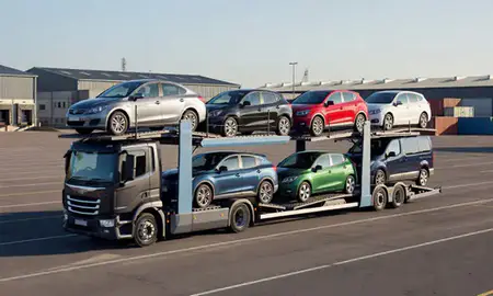 Car transporter loaded with vehicles in Altrincham, Greater Manchester, United Kingdom