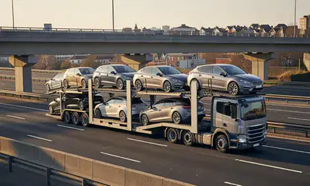 Car transporter with the Altrincham, Greater Manchester, United Kingdom skyline behind it