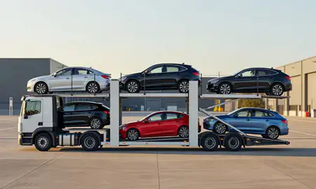 Car transporter parked in an industrial area of Ashton-under-Lyne, Greater Manchester, United Kingdom