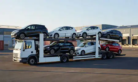 Car transporter loaded with vehicles in Ashton-under-Lyne, Greater Manchester, United Kingdom