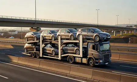 Car transporter with the Ashton-under-Lyne, Greater Manchester, United Kingdom skyline behind it