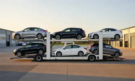 Car transporter parked in an industrial area of Atherton, Greater Manchester, United Kingdom