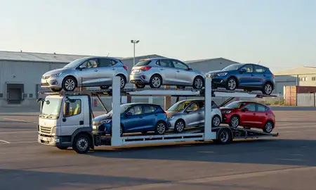 Car transporter loaded with vehicles in Atherton, Greater Manchester, United Kingdom