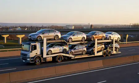 Car transporter with the Atherton, Greater Manchester, United Kingdom skyline behind it