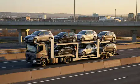 Car transporter with the Bolton, Greater Manchester, United Kingdom skyline behind it