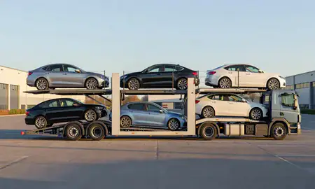 Car transporter parked in an industrial area of Bury, Greater Manchester, United Kingdom