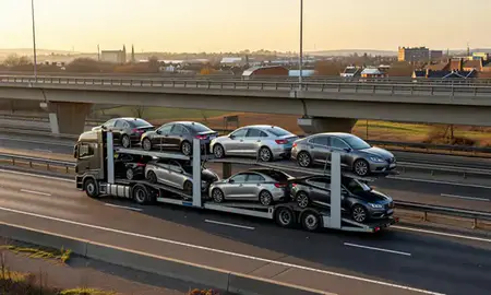 Car transporter with the Bury, Greater Manchester, United Kingdom skyline behind it