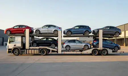 Car transporter parked in an industrial area of Chadderton, Greater Manchester, United Kingdom