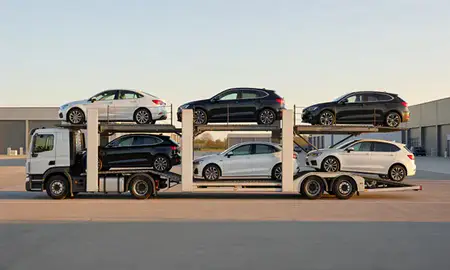Car transporter parked in an industrial area of Denton, Greater Manchester, United Kingdom