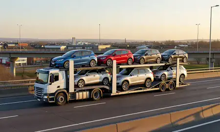 Car transporter with the Denton, Greater Manchester, United Kingdom skyline behind it