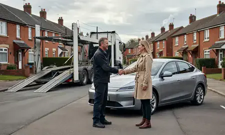 Vehicle owner beside their delivered car in Eccles, Greater Manchester, United Kingdom