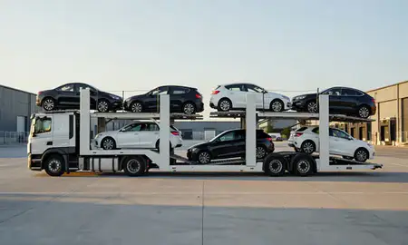 Car transporter parked in an industrial area of Eccles, Greater Manchester, United Kingdom
