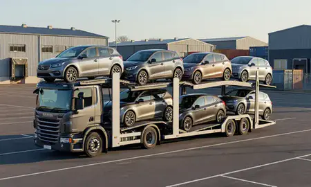 Car transporter loaded with vehicles in Eccles, Greater Manchester, United Kingdom