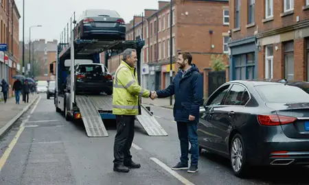 Vehicle owner beside their delivered car in Manchester, Greater Manchester, United Kingdom