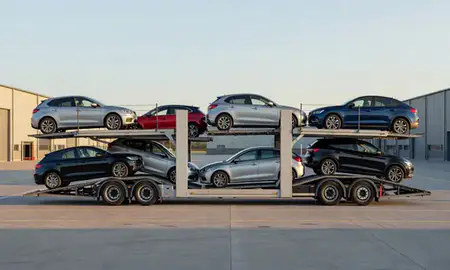 Car transporter parked in an industrial area of Manchester, Greater Manchester, United Kingdom
