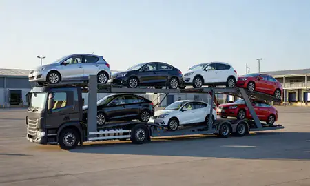 Car transporter loaded with vehicles in Manchester, Greater Manchester, United Kingdom