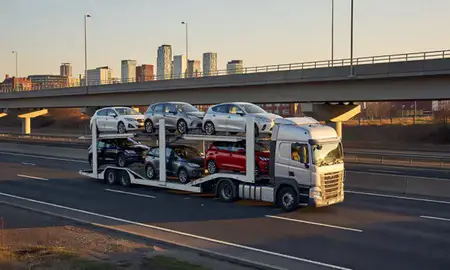 Car transporter with the Manchester, Greater Manchester, United Kingdom skyline behind it