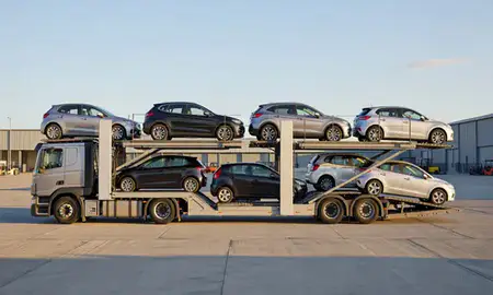Car transporter parked in an industrial area of Middleton, Greater Manchester, United Kingdom