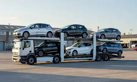 Car transporter loaded with vehicles in Middleton, Greater Manchester, United Kingdom