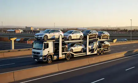 Car transporter with the Middleton, Greater Manchester, United Kingdom skyline behind it