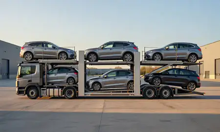 Car transporter parked in an industrial area of Oldham, Greater Manchester, United Kingdom