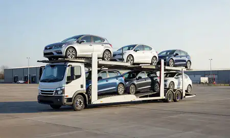 Car transporter loaded with vehicles in Oldham, Greater Manchester, United Kingdom