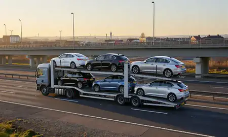 Car transporter with the Oldham, Greater Manchester, United Kingdom skyline behind it
