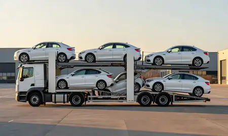 Car transporter parked in an industrial area of Rochdale, Greater Manchester, United Kingdom