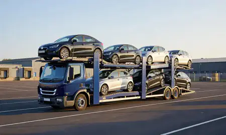 Car transporter loaded with vehicles in Rochdale, Greater Manchester, United Kingdom