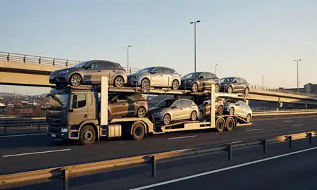 Car transporter with the Rochdale, Greater Manchester, United Kingdom skyline behind it