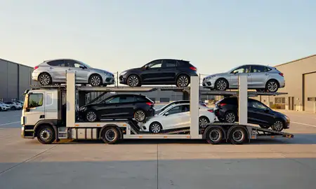 Car transporter parked in an industrial area of Sale, Greater Manchester, United Kingdom