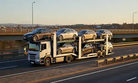 Car transporter with the Sale, Greater Manchester, United Kingdom skyline behind it