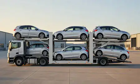Car transporter parked in an industrial area of Salford, Greater Manchester, United Kingdom