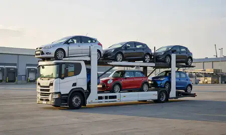 Car transporter loaded with vehicles in Salford, Greater Manchester, United Kingdom