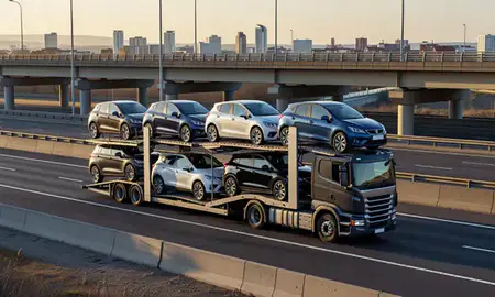 Car transporter with the Salford, Greater Manchester, United Kingdom skyline behind it