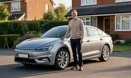 Customer with their delivered car in Stockport, Greater Manchester, United Kingdom