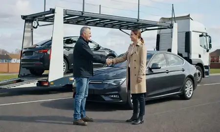 Vehicle owner beside their delivered car in Stockport, Greater Manchester, United Kingdom