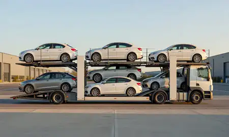 Car transporter parked in an industrial area of Stockport, Greater Manchester, United Kingdom