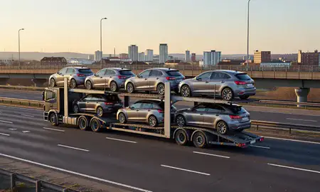 Car transporter with the Stockport, Greater Manchester, United Kingdom skyline behind it