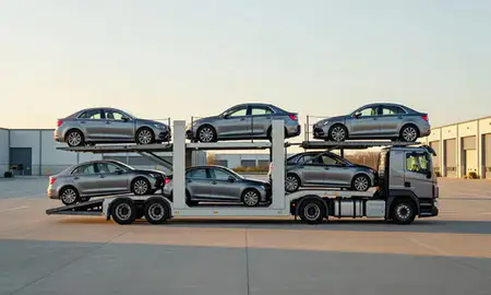 Car transporter parked in an industrial area of Urmston, Greater Manchester, United Kingdom