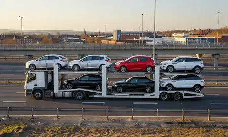 Car transporter with the Urmston, Greater Manchester, United Kingdom skyline behind it