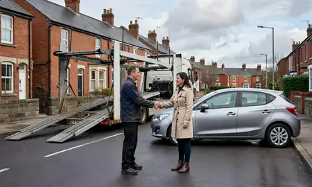 Vehicle owner beside their delivered car in Wigan, Greater Manchester, United Kingdom