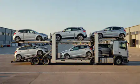 Car transporter parked in an industrial area of Wigan, Greater Manchester, United Kingdom