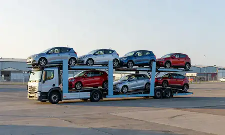 Car transporter loaded with vehicles in Wigan, Greater Manchester, United Kingdom