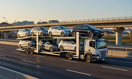 Car transporter with the Wigan, Greater Manchester, United Kingdom skyline behind it