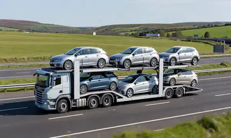 Multi-level car carrier on the motorway to Gwent, United Kingdom